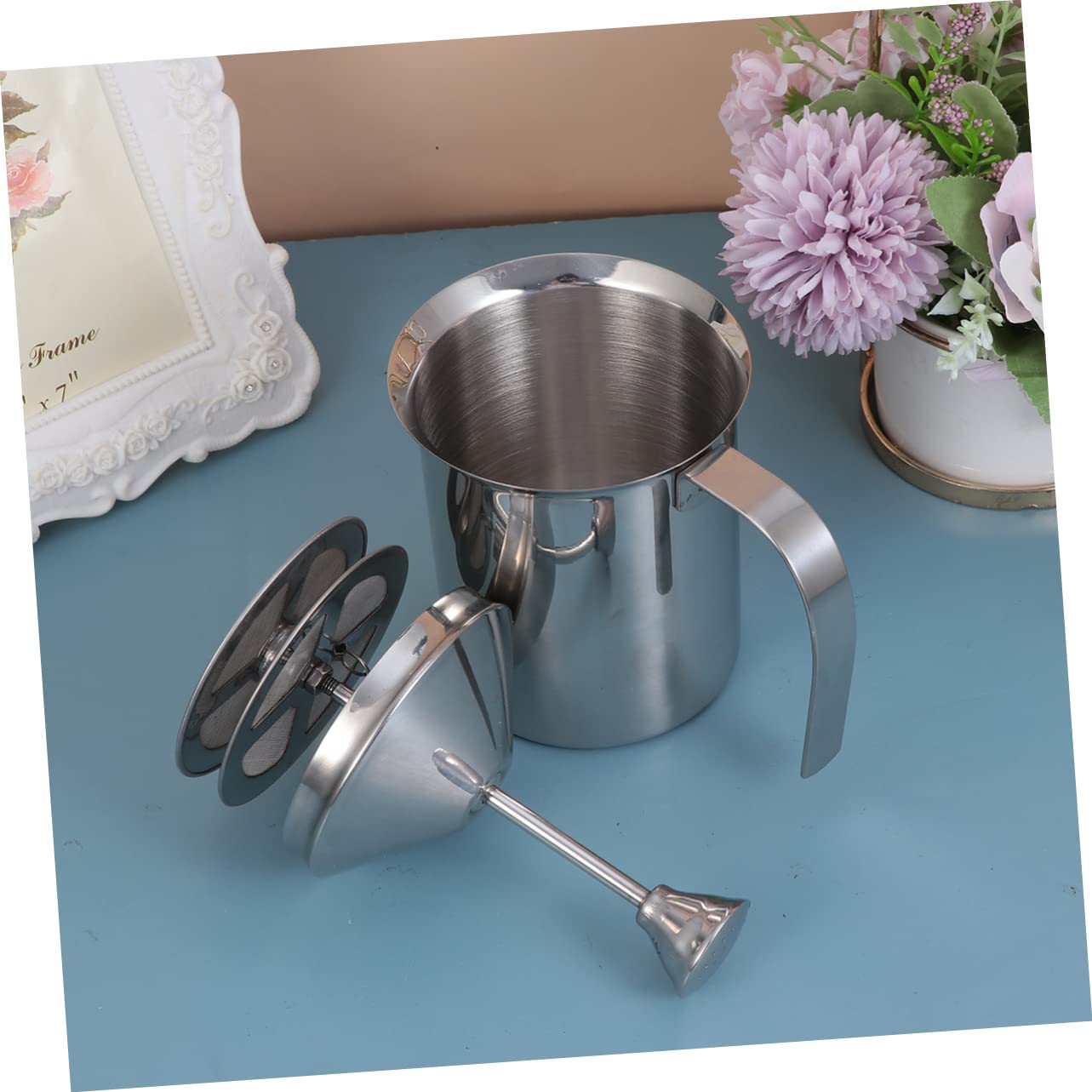 FELTECHELECTR Stainless Steel Manual Milk Frother with Double Layer Filter Frothing Pitcher for Thick Milk for Home and Coffee Shops Heat Resistant Coffee Utensil