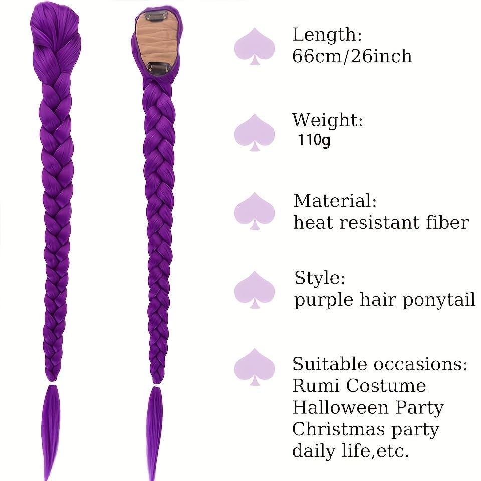 Kpop Anime Character Purple Long Hair Fishbone Braid Clip Ponytail Synthetic Wig High Temperature Fiber, Curly Wave, for Halloween and Christmas Costume (purple)