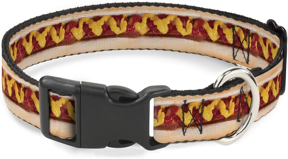 Buckle-Down Plastic Clip Collar - Hot Dog w/Mustard & Ketchup Vivid - 1.5" Wide - Fits 18-32" Neck - Large
