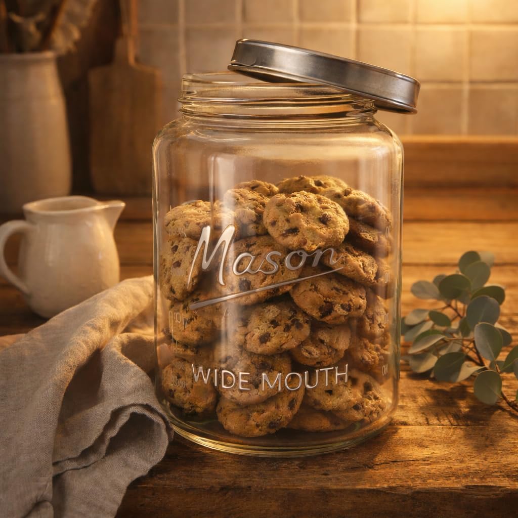Kitchentoolz Extra Large Mason Jar - 1 Gallon Glass Wide Mouth Jar with Airtight Metal Screw on Lid, Food Storage Container with Measurement Marks For Kitchen Pantry, Pickling, Flour & Sugar Pack of 2