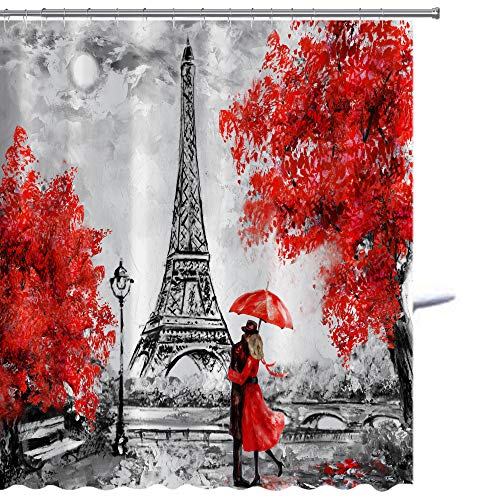 MuaToo Shower Curtain Oil Painting Paris European City Landscape France Eiffel Tower Black White and Red Graphic Print Polyester Fabric Bathroom Decor Sets with Hooks 72 x 72 Inches