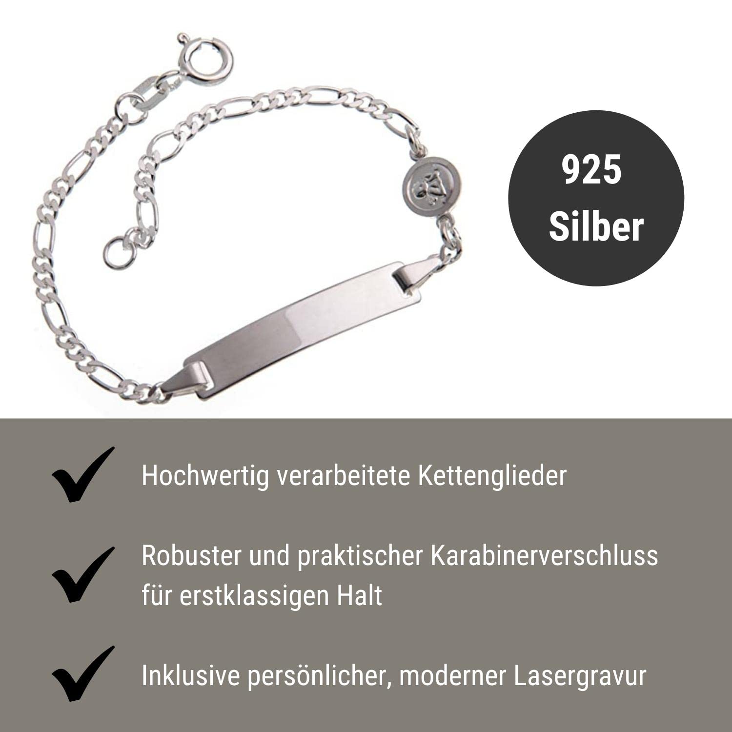 Silberketten-Store Baby- & Kinder ID Armband mit Engel-Anhänger inkl. Gravur & Geschenksäckchen I aus 925 Silber gefertigt I nickelfrei für Allergiker geeignet I 10 Schriftarten