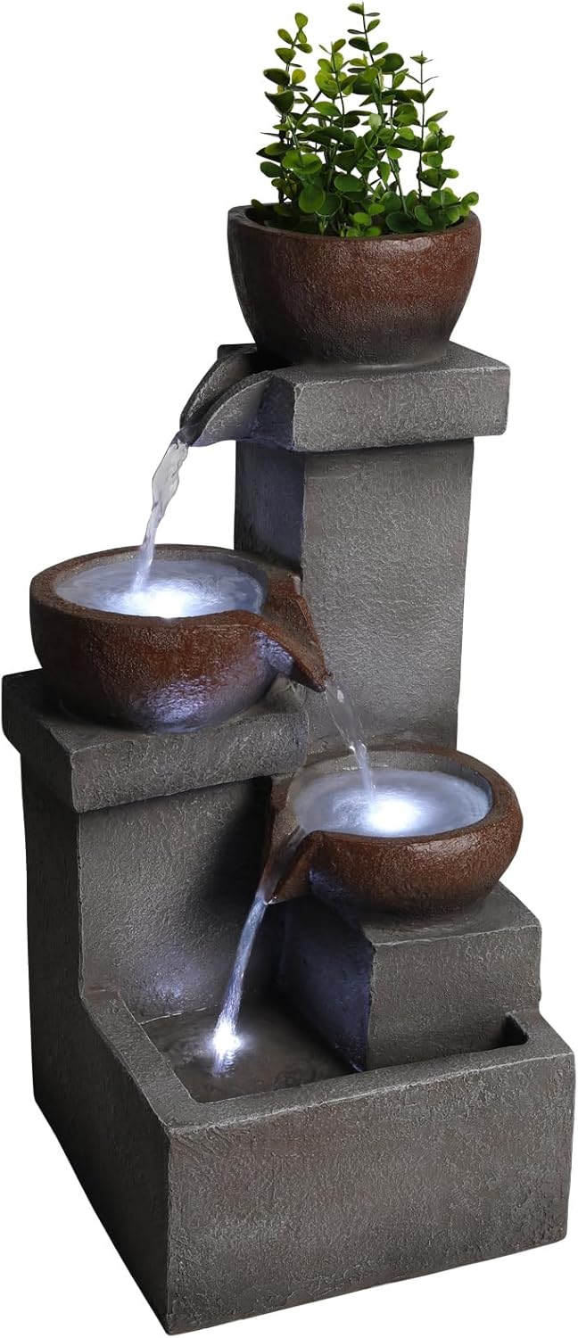 Outdoor Tiered Cascading Jar Fountain with LED Lights, Resin Planter Combo, Rustic Stone Look for Patio, Porch, Garden, Entryway Decor