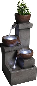 23.6" H Modern 3-Bowl Outdoor Water Fountain with LED Lights and Pump, Floor Standing Waterfall Feature Outdoor Garden Fountain for Garden, Porch, Patio and Backyard Decor