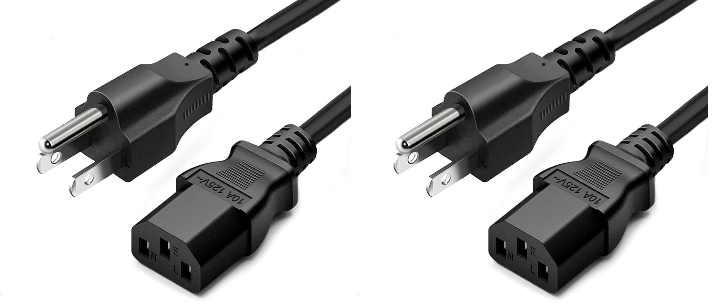 3 Prong AC Power Cord 10ft Long Standard | 125V-250V | for Computer, Monitor, TV, Printer, Power Supply PSU Electric Cable Replacement Power Cord (Pack of 2)