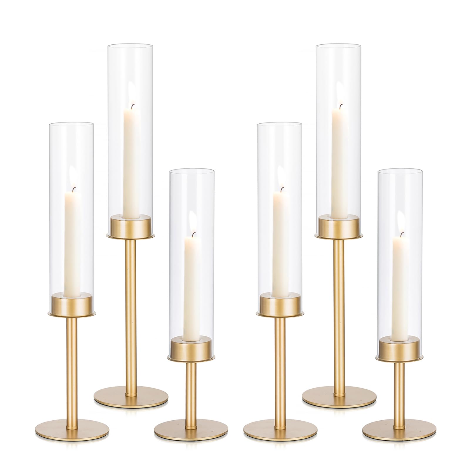 6er Set Stabkerzenhalter Gold, Kerzenständer Glas | für Stabkerzen, Deko Hochzeit, Windlicht, Kerzenhalter mit Glaszylinder, Tischdeko