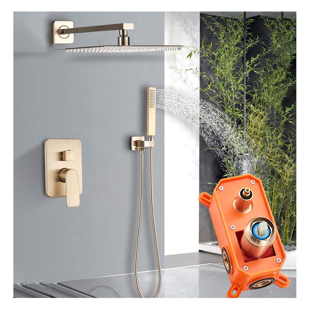 OZBMA Water Tap Bath Shower Systems Brushed Gold Bathroom Set, Rainfall Head, Single Handle Faucet, Wall Mounted Mixer Set,16 inch,16 inch (12 Tum 12 tum)