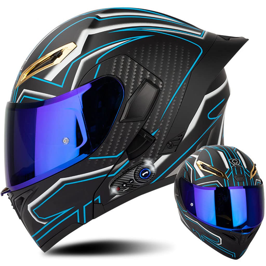 Bluetooth Motorcycle Helmet, Dual Anti-Fog Visors Modular Helmet with Tail, Adult Men Women Full Face Helmet Motocross Flip up Helmet for Racing,