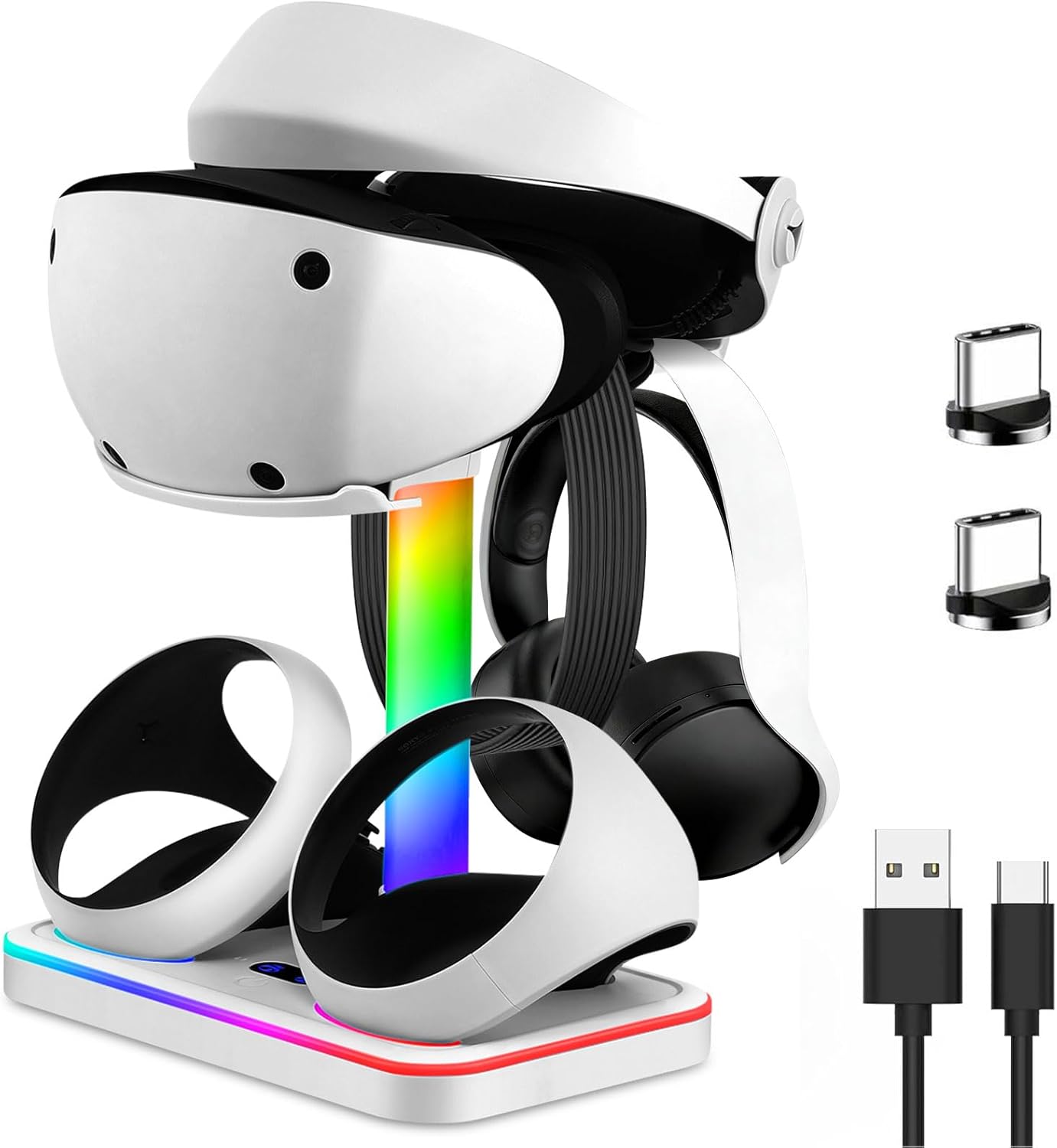 Charging Stand for PlayStation VR2, Charging Station for PSVR 2 with VR Headset Display Stand, Controller Charging Dock for PS5 VR2 with LED-Charging Indicator, 7 Light Mode, Type-C Cable