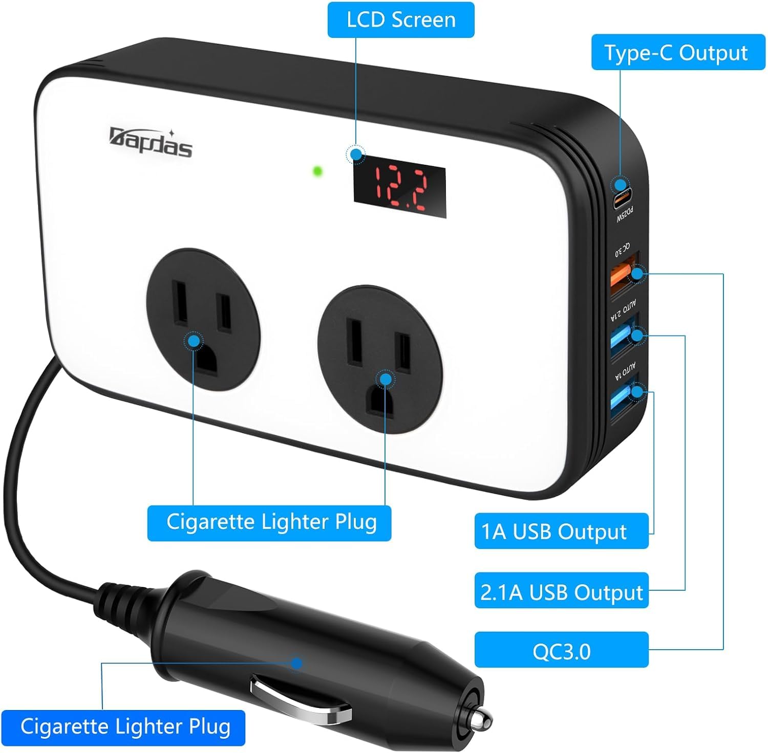 300W Car Power Inverter DC 12V to AC 110V Car Outlet Adapter Plug with PD 25W USB-C, QC3.0 and LCD Display Car Charger Loptop - 2