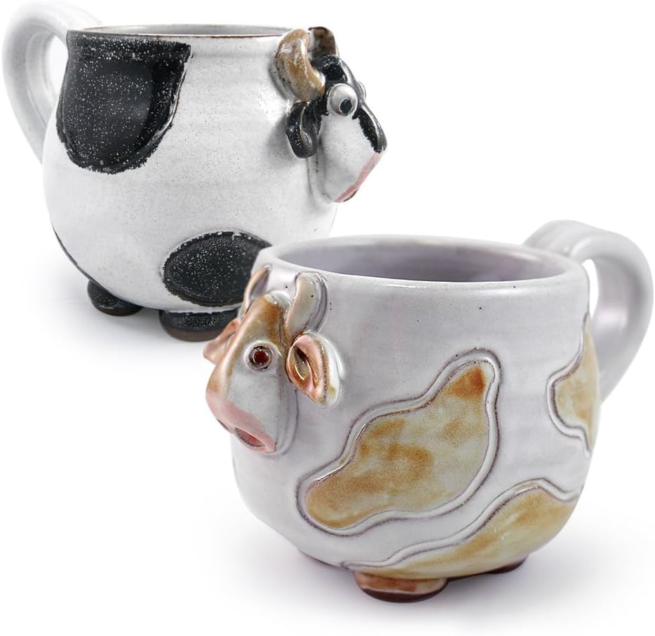 Mootilda American Handmade Stoneware Pottery Cow Mug, 14 oz, Brown Version