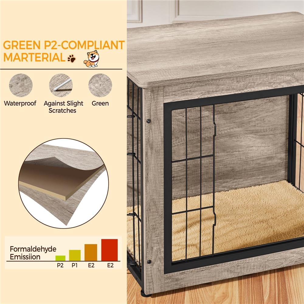 Yaheetech Gabbia per Cani Kennel Tavolino Armadietto con Doppie Porte Gatti a Rete in Legno da Interno 69 × 51 × 61 cm Grigio