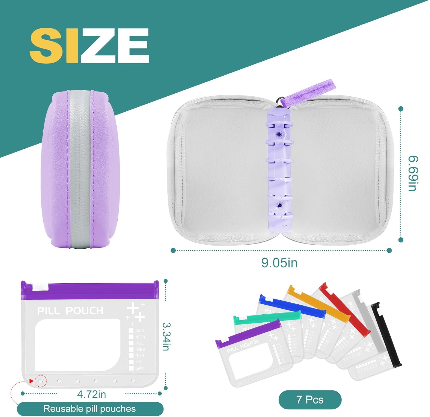 Timueetech A7 Waterproof Pill Organizer with 7 PCS L Size Zippered Pill Pouches for A7 Binder, Large BPA-Free Weekly Medicine Organizer, Color-Coded Reusable Travel Pill Storage System image 2