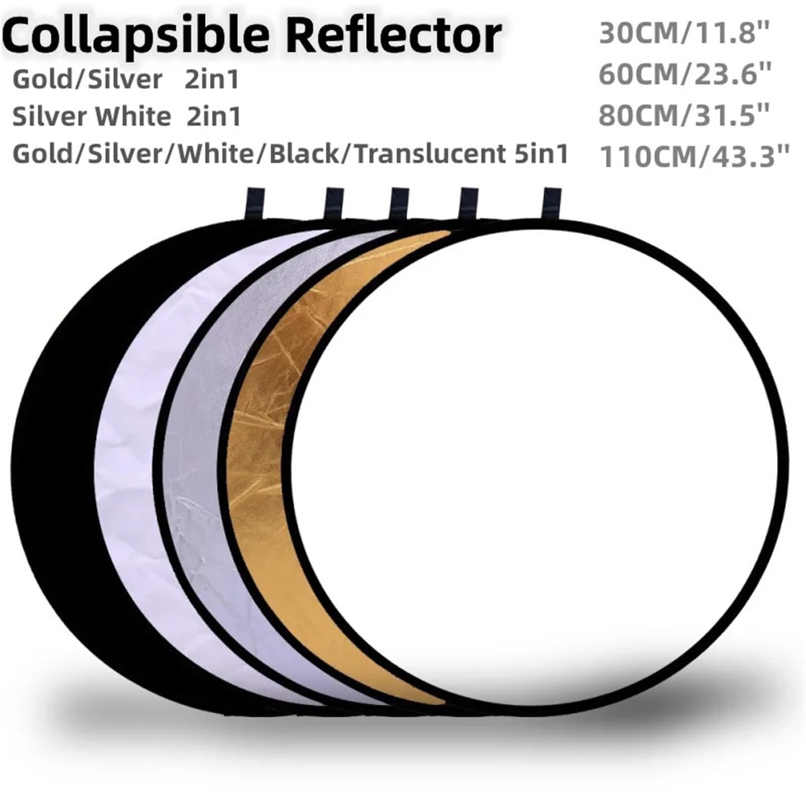 Reflector RF01 de 24 Pulgadas, 5 en 1, 30 cm, 60, 80 y 110, Plateado, Blanco Dorado, portátil, Plegable, luz, Redondo, for fotografía Estudio(5in1-60CM)