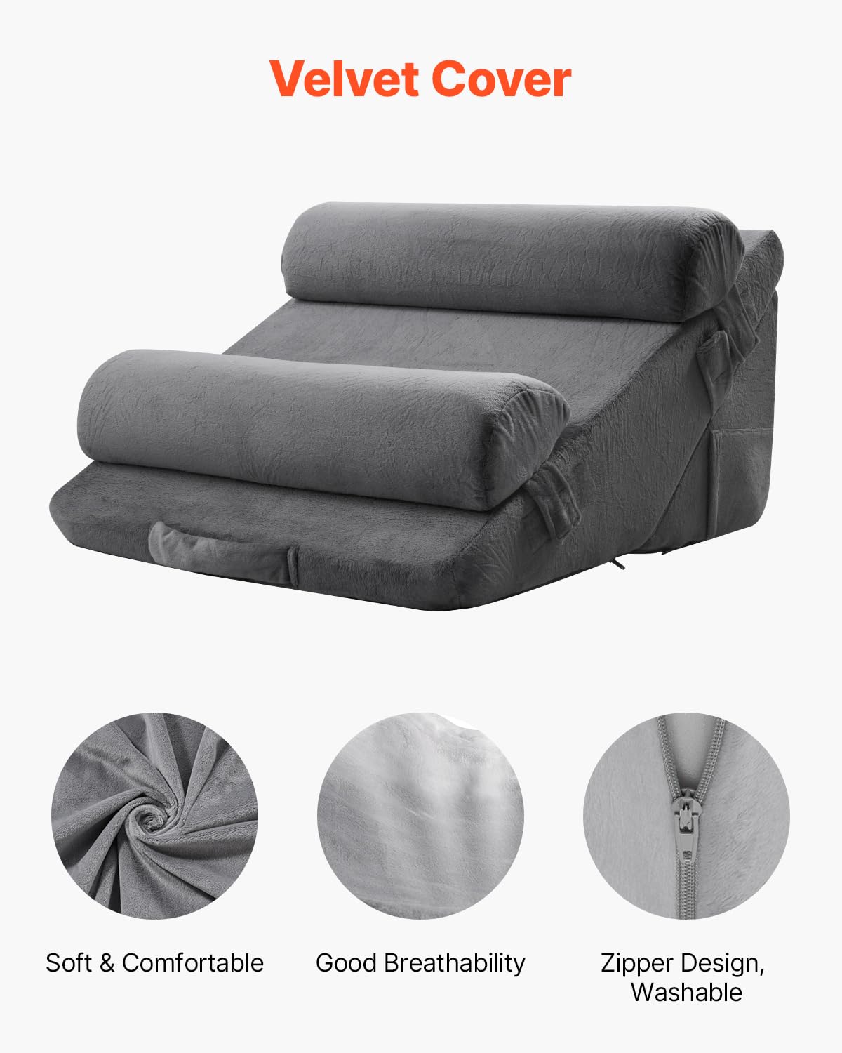 VEVOR Coussin Incliné Lit, Oreiller Triangulaire Orthopédique Réglable, Rembourrage Mousse, Housse Lavable, Coussin de Lecture Lit pour Soulagement Reflux Acide, Soutien Dos, Jambes, Bras, Gris Foncé