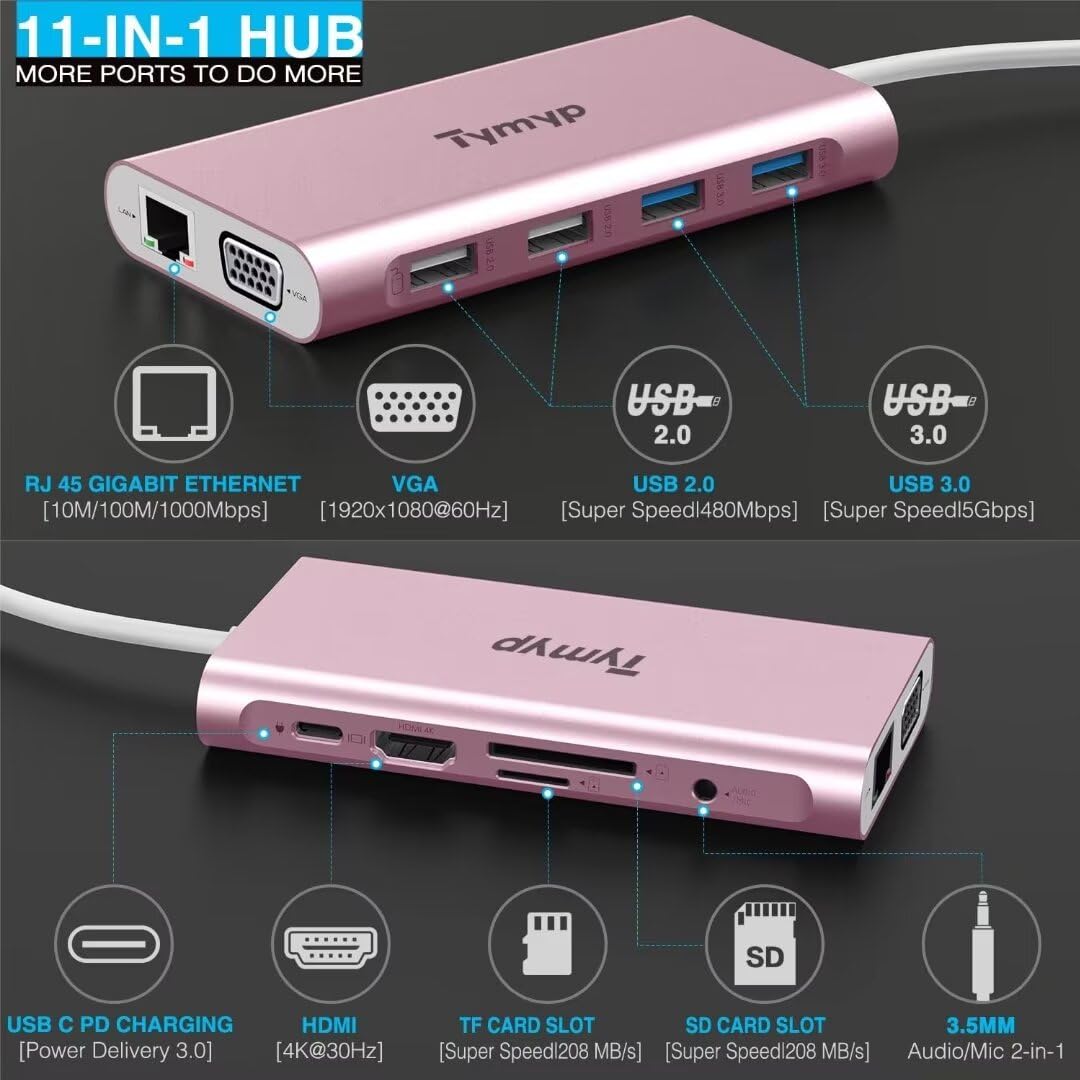 Hub USB C, adattatore 11 in 1 USB C per MacBook Pro/Air, Surface Pro e altri dispositivi di tipo C, distributore USB con 4 K Hdmi, 4 USB A, VGA, Ethernet, audio da 3,5 mm