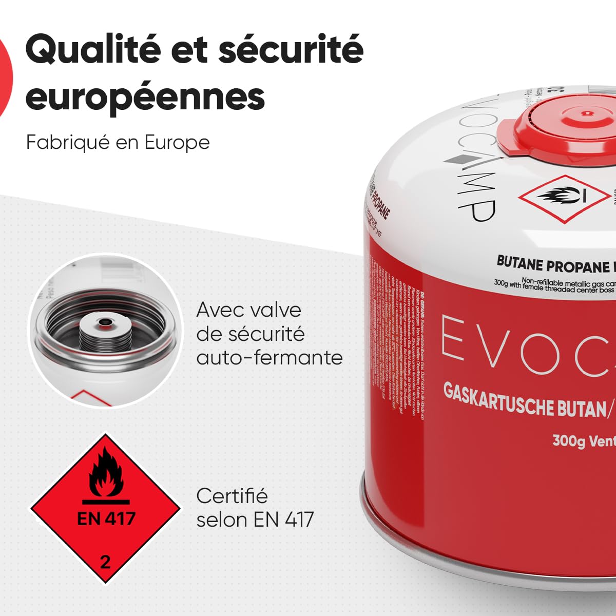 EVOCAMP 10X Cartouches de gaz Propane Butane 300g, Valve à vis avec Filetage européen 7/16", Cartouches à Valve 539ml avec Fermeture de sécurité Automatique