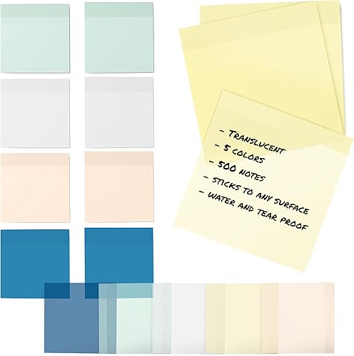 500 hojas de notas adhesivas transparentes de colores, 3 x 3 pulgadas, impermeables, translúcidas, autoadhesivas, 10 blocs de notas por paquete, 50