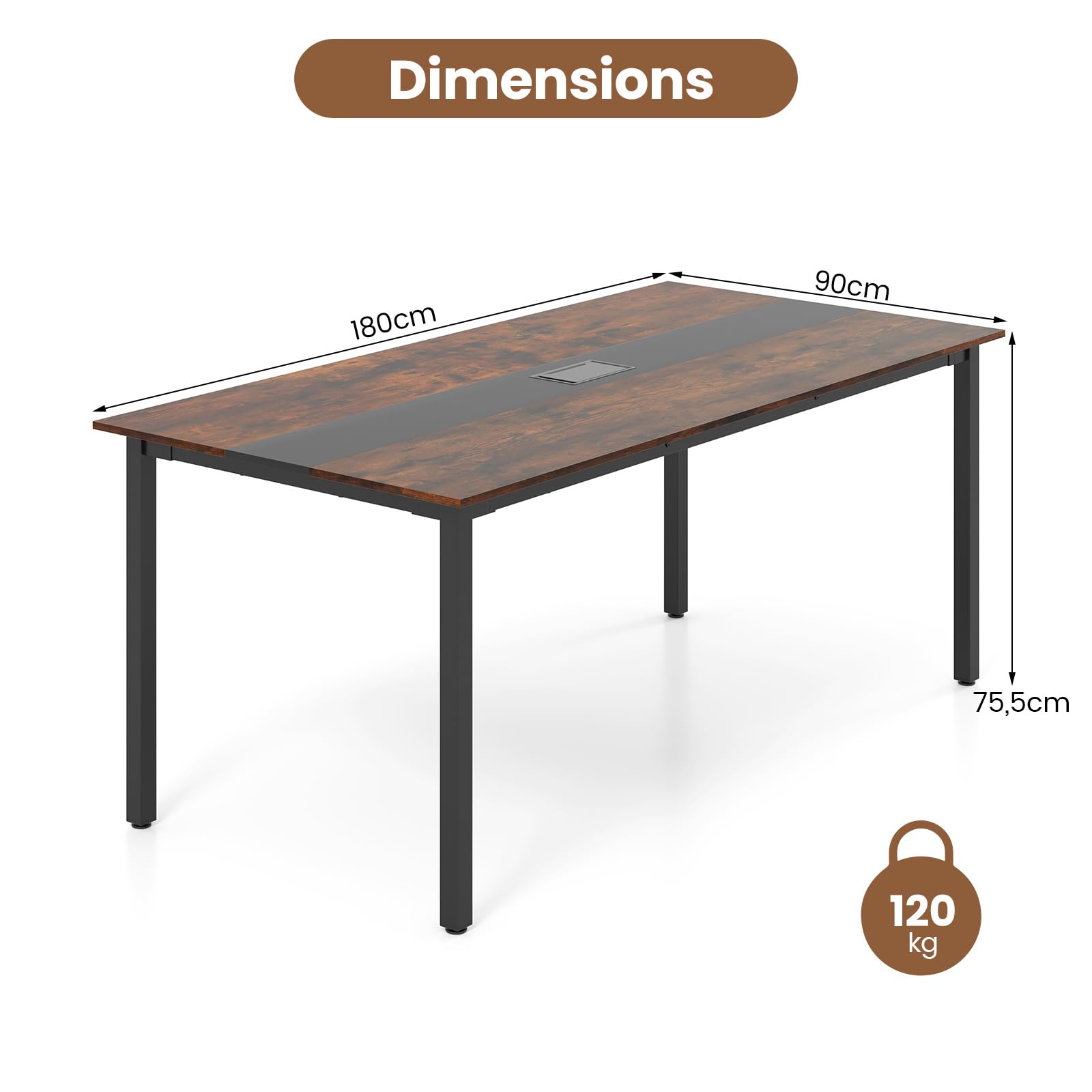 COSTWAY Table de Conférence180 x 90 cm, Table de Réunion pour 8-10 Personnes, Rectangulaire avec Passe-câble pour Salle de Réunion, Bureau, Salle à Manger, Marron Rustique