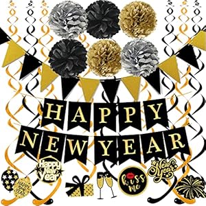 Happy New Year Banner Pom poms Triangle flag Swirls Garland Hanging Bunting for New Year Party Decorations Supplies
