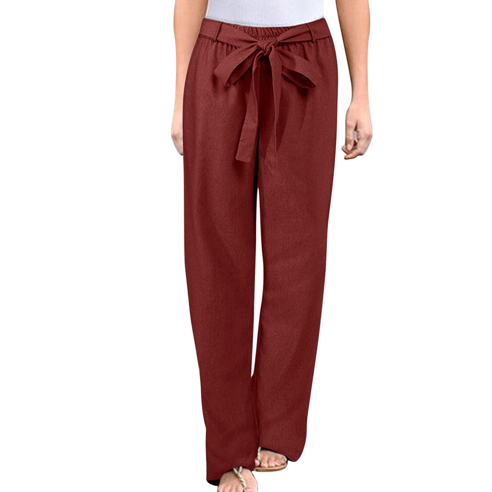 Maiyifu-GJ Women Floral Print Linen Belted Pants Elastic High Waist Printed Hippie Trousers Casual Beach Wide Leg Lounge Pant (Red Wine,XX-Large)