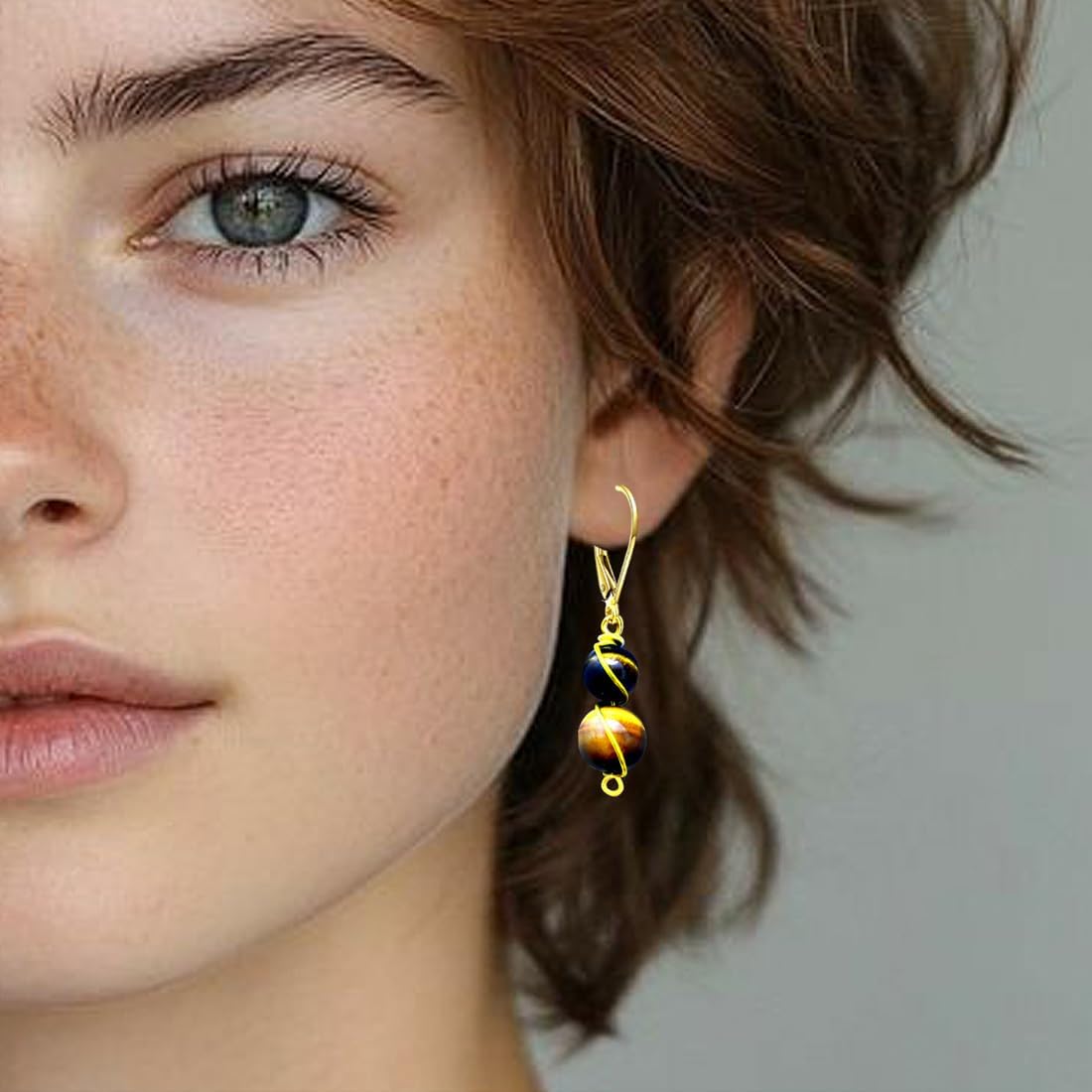 Natural Two Stone Beads Dangle Earrings,14K Yellow Gold Real Quartz Crystal Gemstone Drop Earrings Beading Jewelry for Women - Image 4