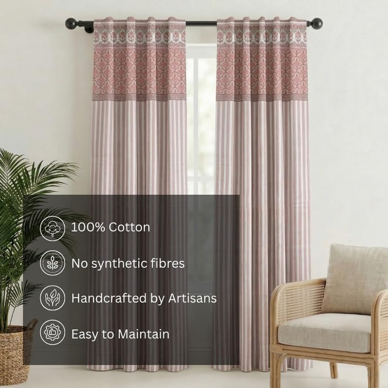 Image of Peepul Tree Pure Cotton Door Curtain in Dusty Pink and Off White with Ornate Florals and Bold Stripes| Set of 1 | 7 ft | Semi Blackout with 70% Light Blocking | Royal Courtyards Collection