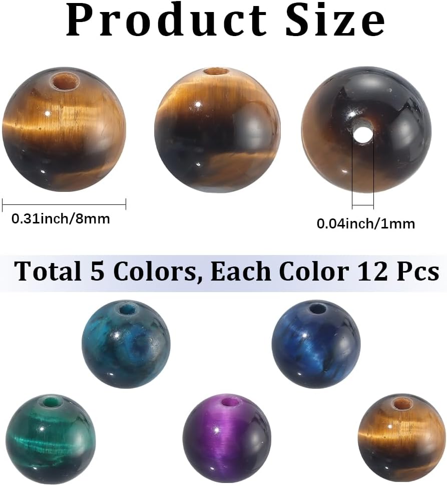 1 Box 8MM 60PCS 5 Colors Tiger Eye Beads with Holes Natural Round Colorful Gemstone Smooth Polished Loose Spacer Bead Bulk for Jewelry Making Earrings Bracelets Necklaces DIY Craft Supply - Image 2