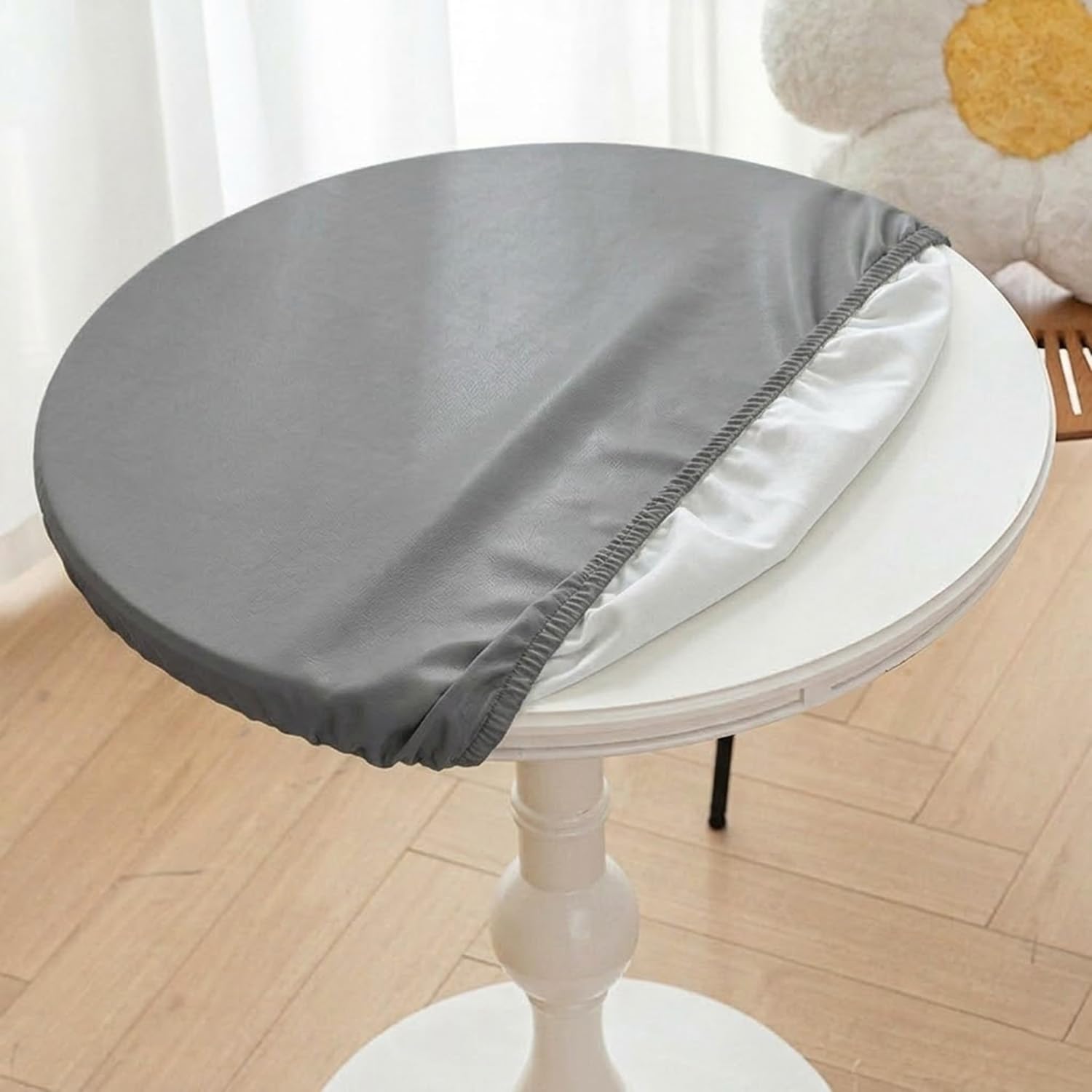 Round Fitted Tablecloth PU Leather Waterproof Elasticated Edge Wipeable Circular Table Cover for Indoor Outdoor Patio BBQ Dining Table Protector(Grey,130cm)