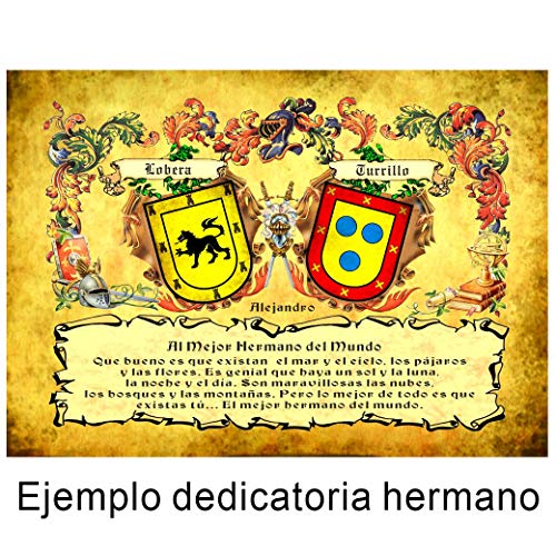 Miniatura 3 de Heráldica De 2 Apellidos Y Dedicatoria Con Texto Personalizado Por El Cliente, Impreso En Papel Fondo Tipo Pergamino En Tamaño Din A-3