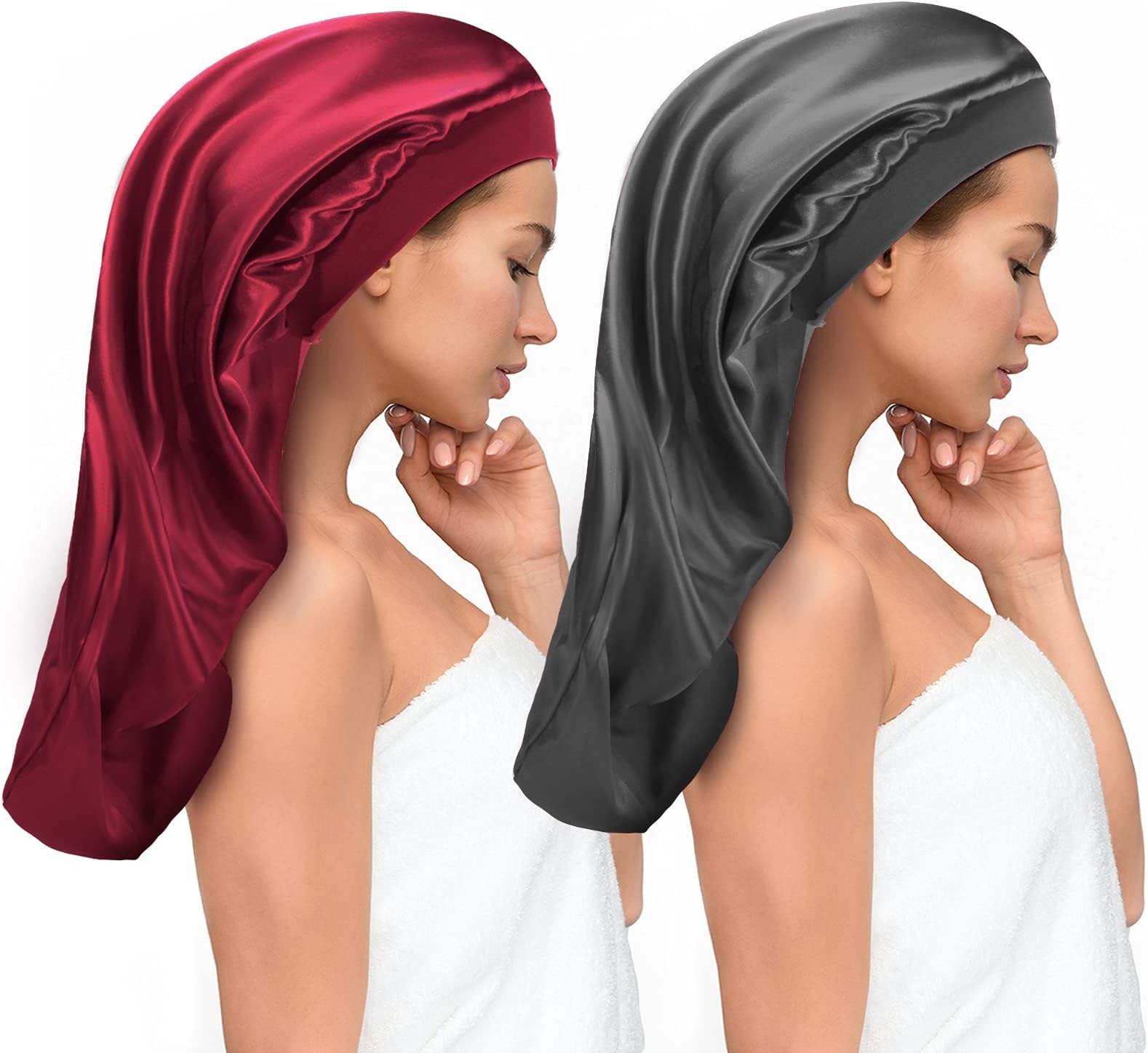 Aquior Large Satin Bonnet Sleep Cap, 2 Pcs Long Silk Bonnet for Braids Bonnets for Black Women No Fading Silk Elastic Well-Sealed Band Hair Cap