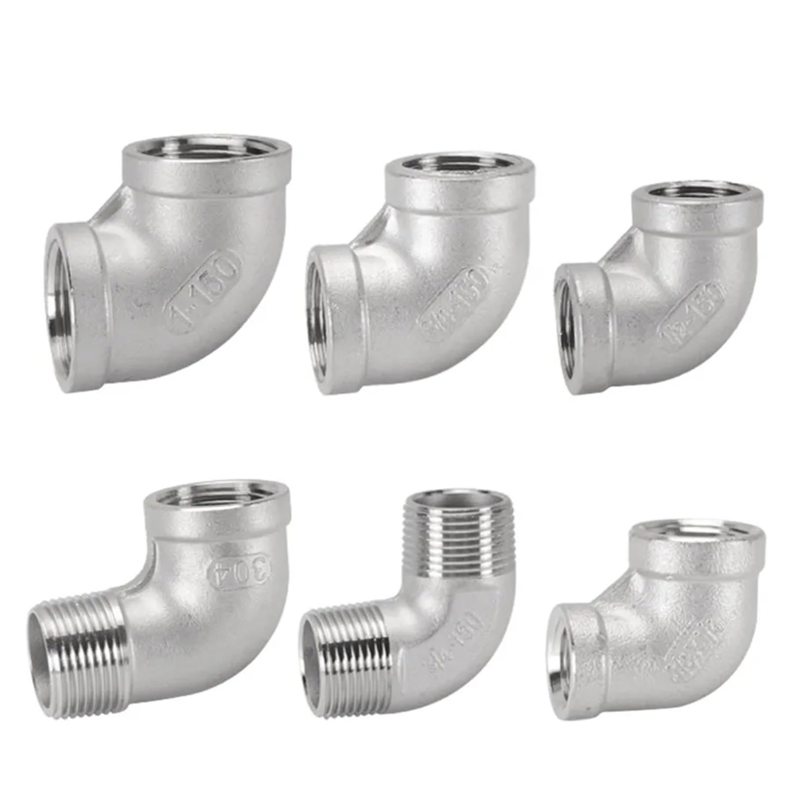 Codo de 90 grados de acero inoxidable 304, DN6, DN8, DN10, DN15, DN20, DN25, DN32, 1/2" BSPT, for conectar tuberías, válvulas y accesorios de agua (hembra/hembra, hembra/macho, macho/macho).(Male X Ma