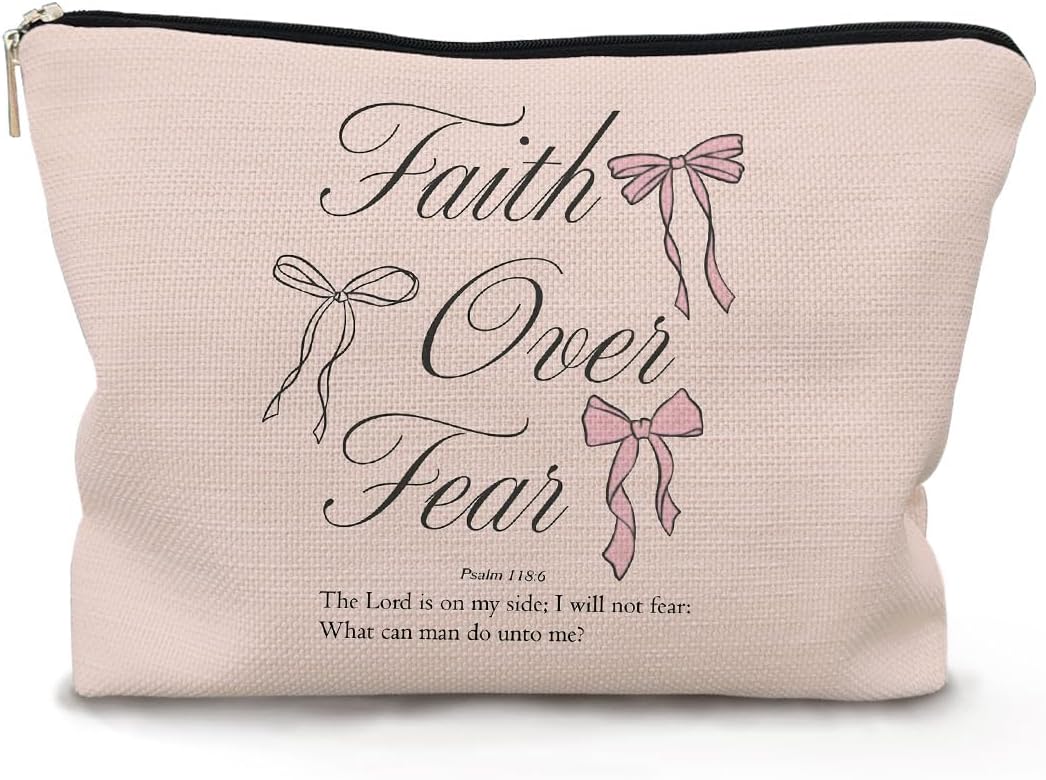 Pink Christian Makeup Bag - Faith Over Fear, Coquette Bow, Preppy Girly Gift