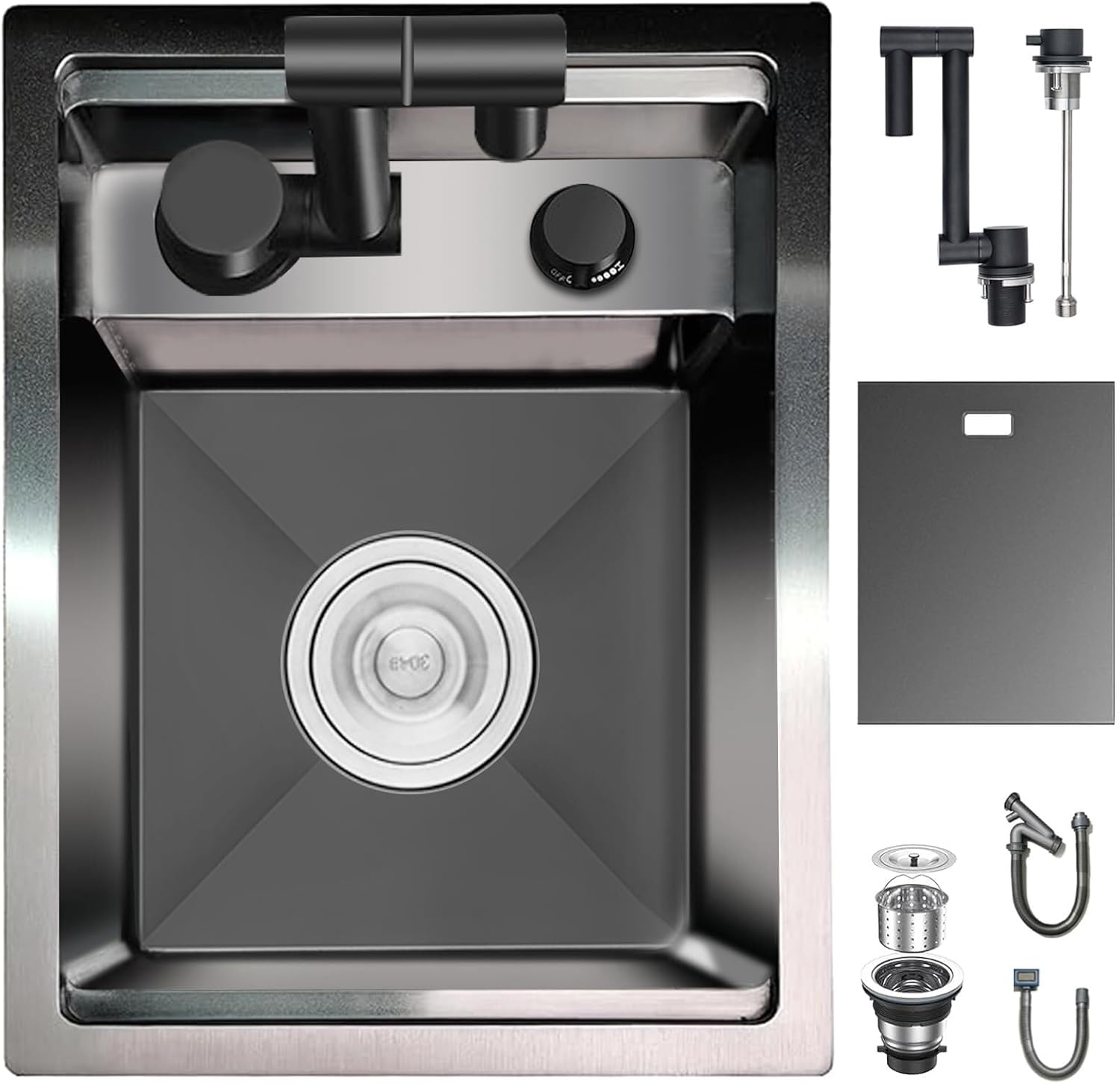 Foldable Faucet Hidden Kitchen Bar Sink - Stainless Steel Undermount Workstation for Small Kitchens, Rvs, and Prep Areas (Black, 35x45x22cm) Black a 35x45x22CM