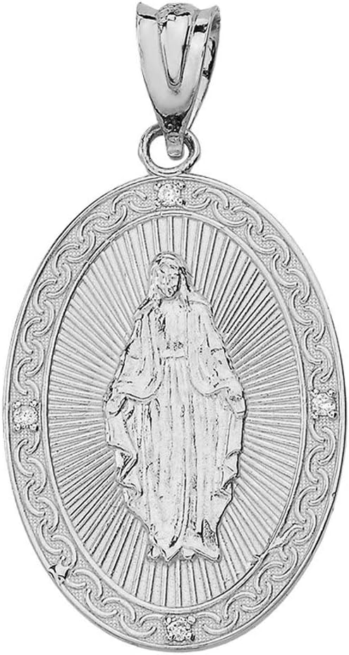 Religious Jewelry 10k White Gold Blessed Virgin Mary Miraculous Oval Medal Diamond Pendant (1")