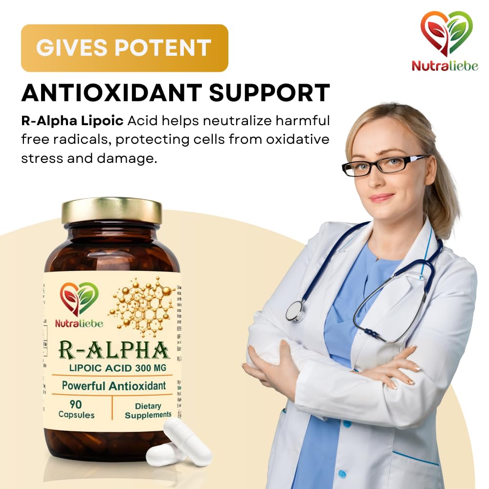 NutraLiebe R-Alpha Lipoic Acid (Thiotic Acid) 300mg - High Potency, Non-GMO, Antioxidant Support, 90 Capsules - Image 6 thumbnail