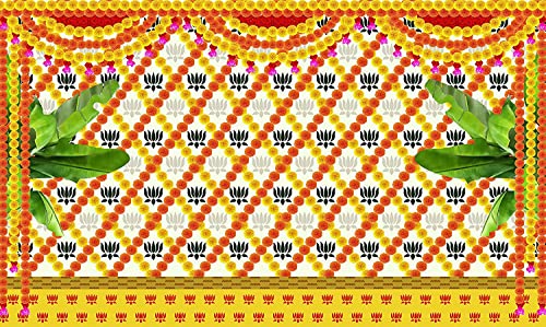 Image of SATVIK 8x5Ft Fabric Backdrop for Pooja Pujan Decoration. Traditional Curtain Wall Banner Cloth for Indian Festivals Ganpati Navratri Baby Shower, Housewarming Puja