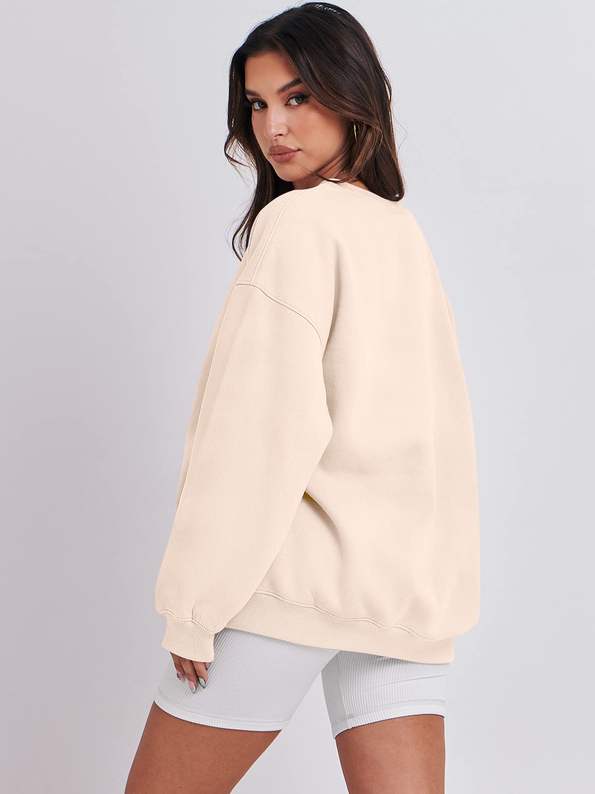Damskie bluzy oversize bluzy z kapturem polar okrągły dekolt sweter top codzienne jesienne stroje preppy ubrania nastolatki 2024 A1019 światło, Jeden kolor, Apricot_S