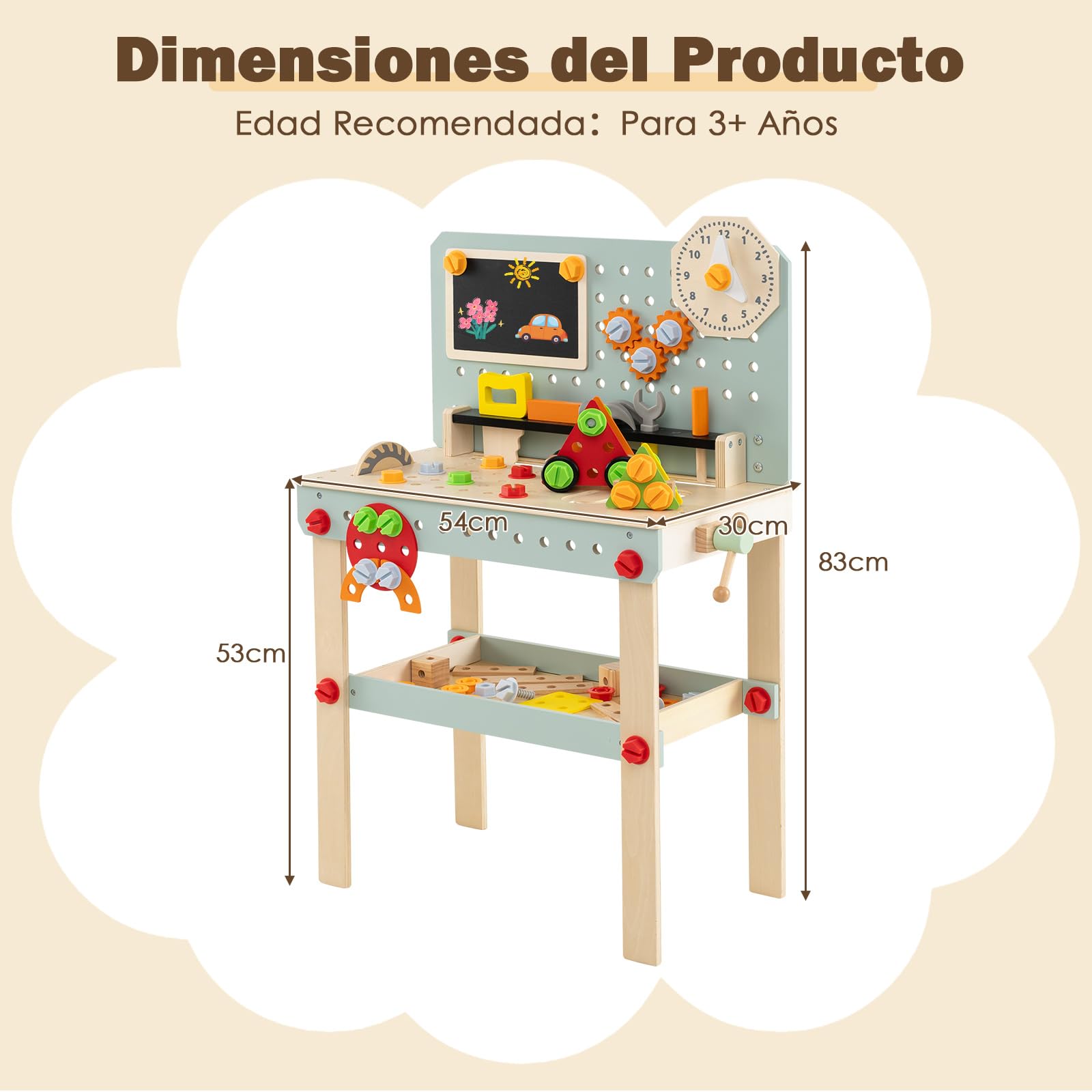 COSTWAY Banco de Herramientas de Madera para Niños, Mesa Juguete Montessori con Juego de Herramientas y Gran Espacio de Almacenamiento, Juego Educativo para Niños de 3+ Años