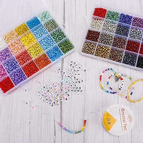 Quefe 8690Pcs Glass Seed Beads 4Mm 6/0 Bracelet Beads For Jewelry Making Kit, Small Waist Craft Beads, 260Pcs Alphabet Letter Beads With Elastic String Cords And Charms #TOP3