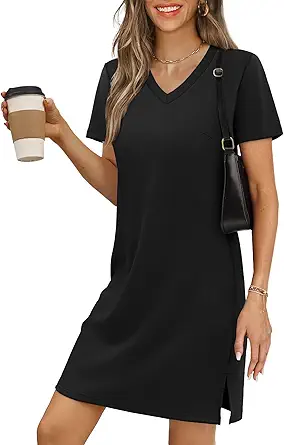 RUMIA Summer Casual Dresses for Women 2025 Vacation Dress V-Neck Short Sleeve Split Hem Beach Sundress