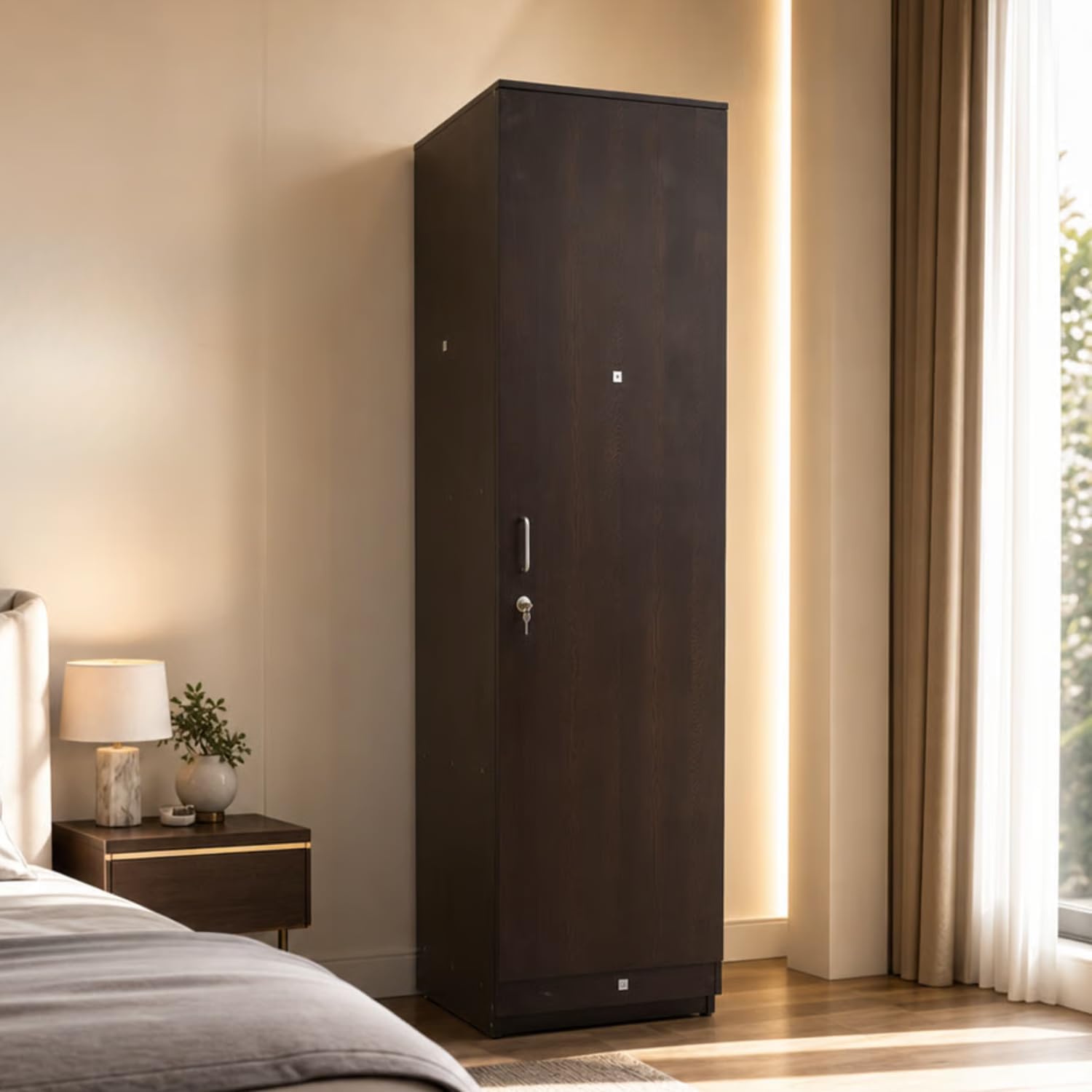 GRATUS TREEZER One Door Wooden Wardrobe for Bedroom | Premium Engineered Wood Almirah with Hanging Rod & Shelf | Lockable Drawer Storage | Single Door Cupboard for Clothes | German Hardware-image-38