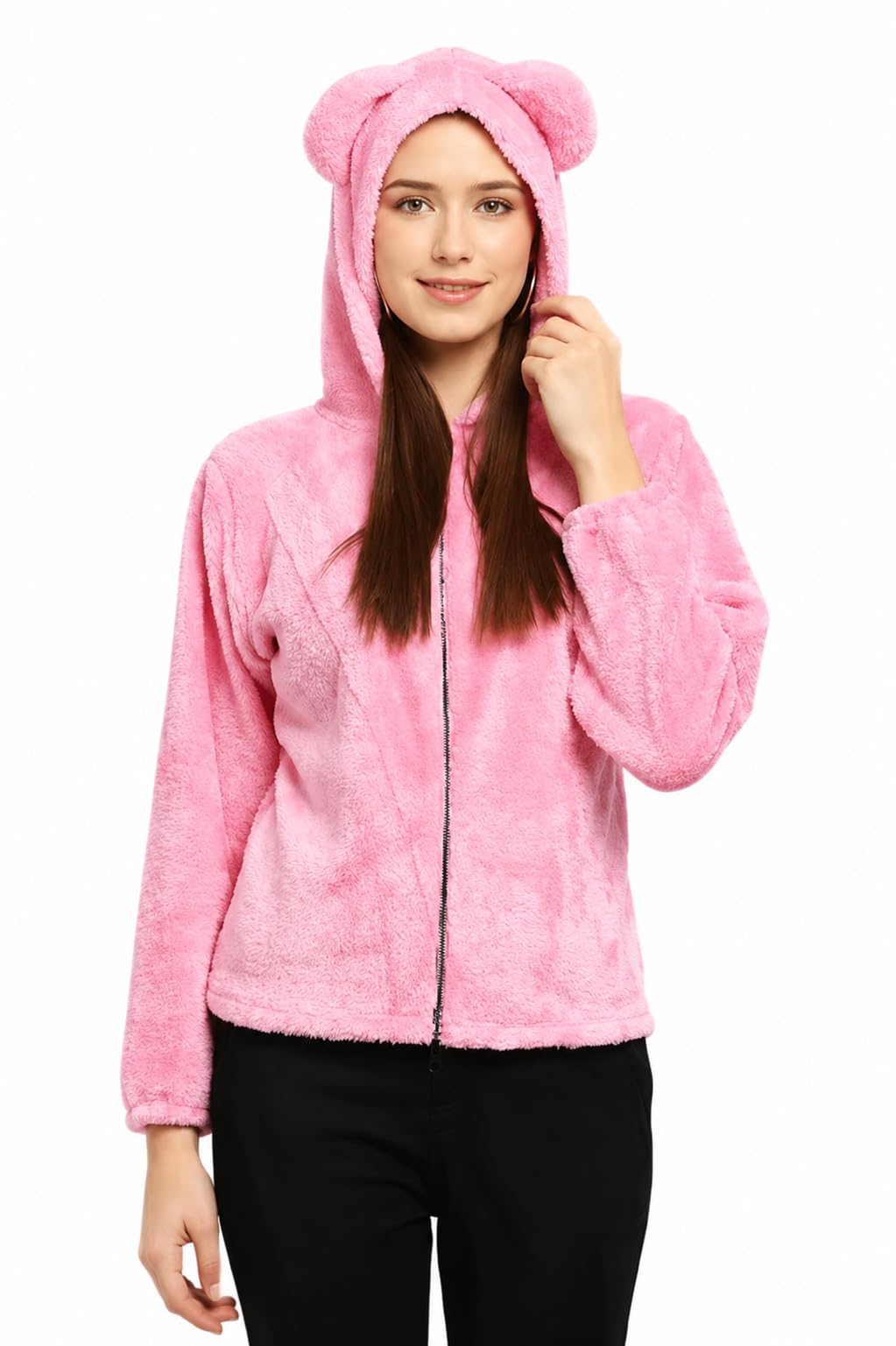 Women's Pink Faux Fur Hoodie Jacket with Bear Ears-image-17