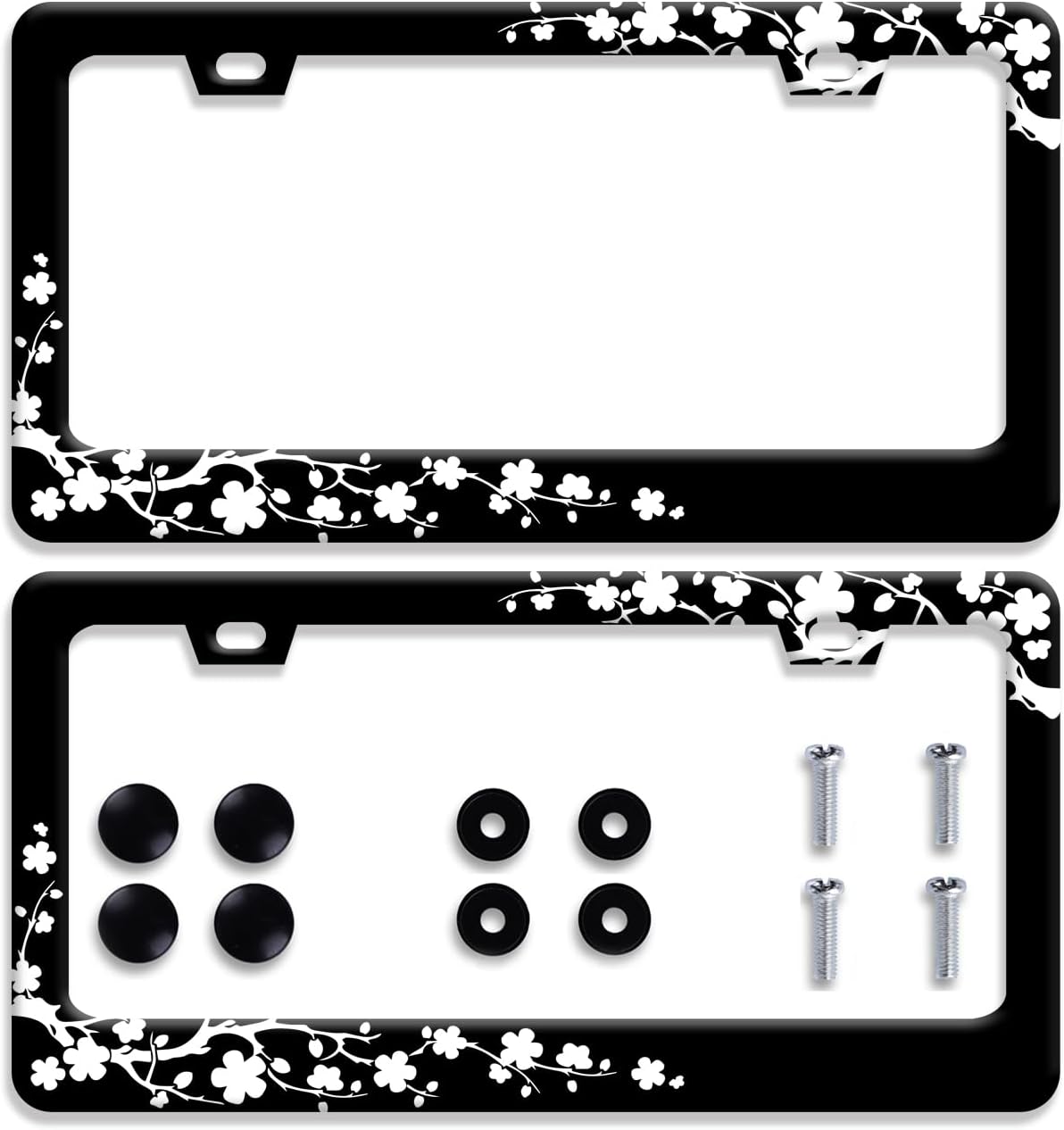 【2Pcs】 Plum Blossom Flower License Plate Frame Beautiful Floral License Plate Stainless Steel Auto Parts Funny License Plate Decorative with Screws Size 12.3" x 6.3"