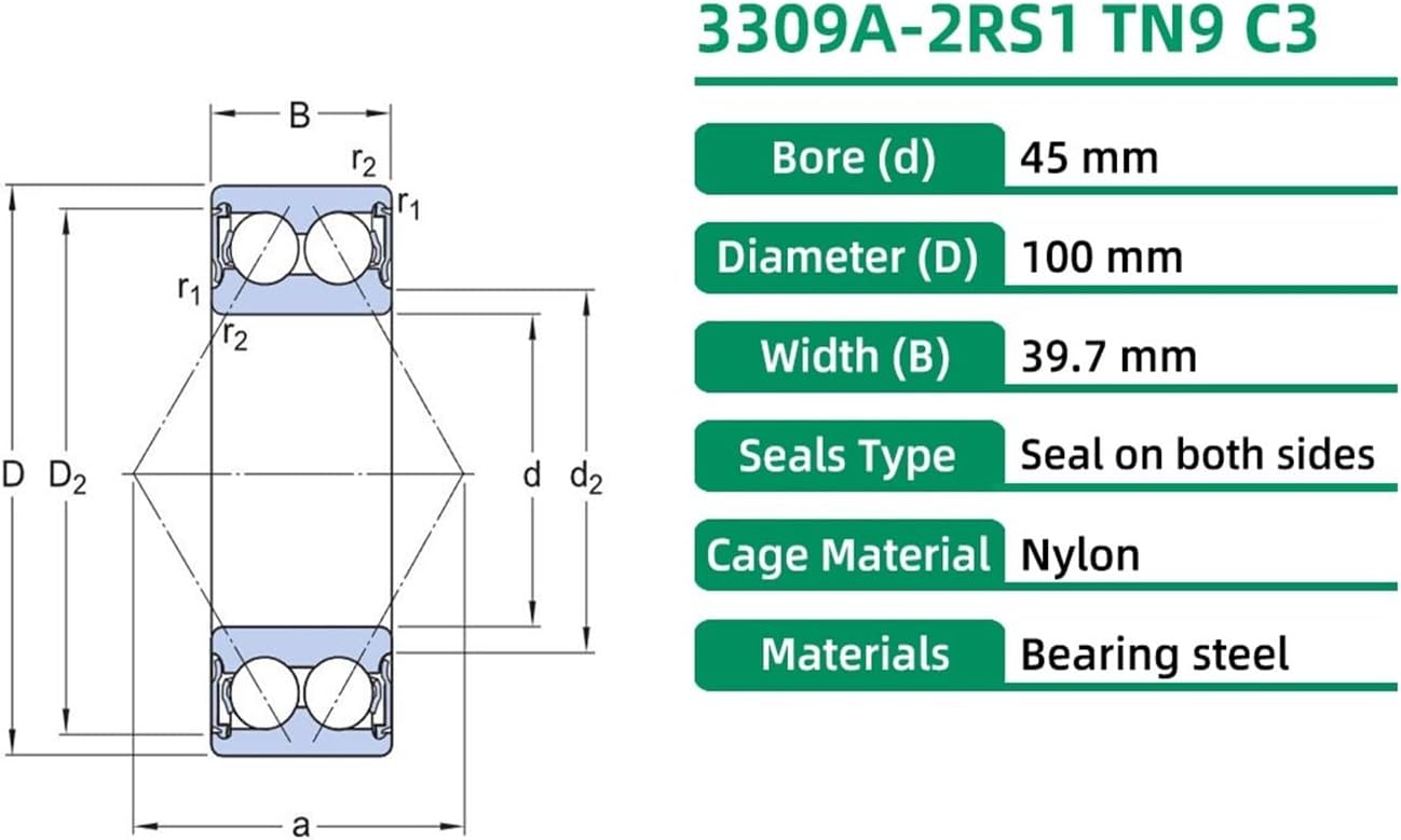 3309A-2RS1 TN9 C3 3309 45x100x39.7 Double Row Angular Contact Ball Bearing
