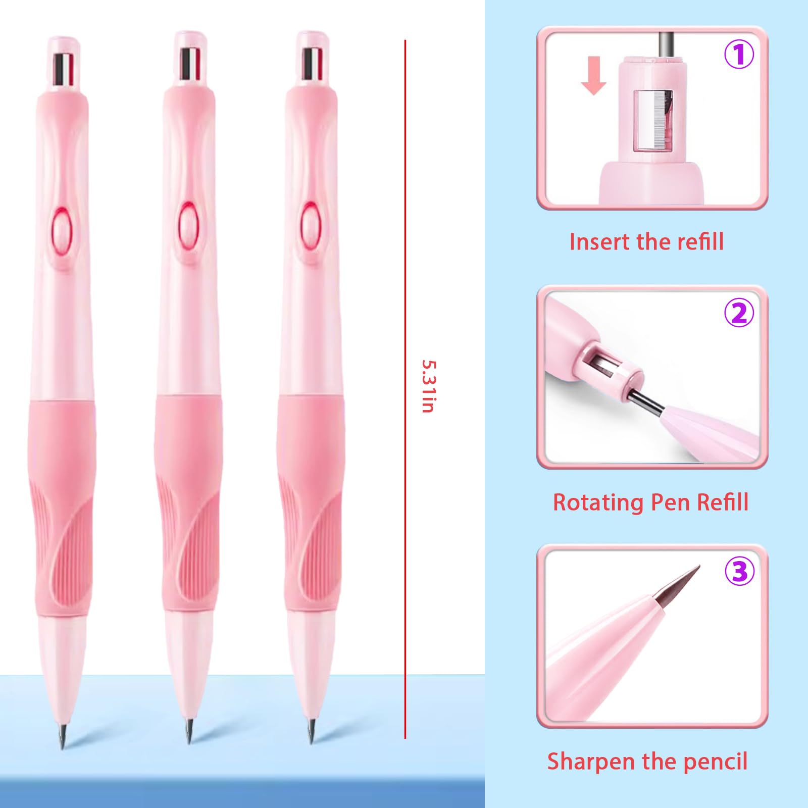 Bonito juego de portaminas rosa de 2 mm que incluye 3 lápices mecánicos Kawaii de 2 mm, 3 tubos de repuesto de minas de portaminas, 3 gomas de borrar, 2 sacapuntas, caja de almacenamiento