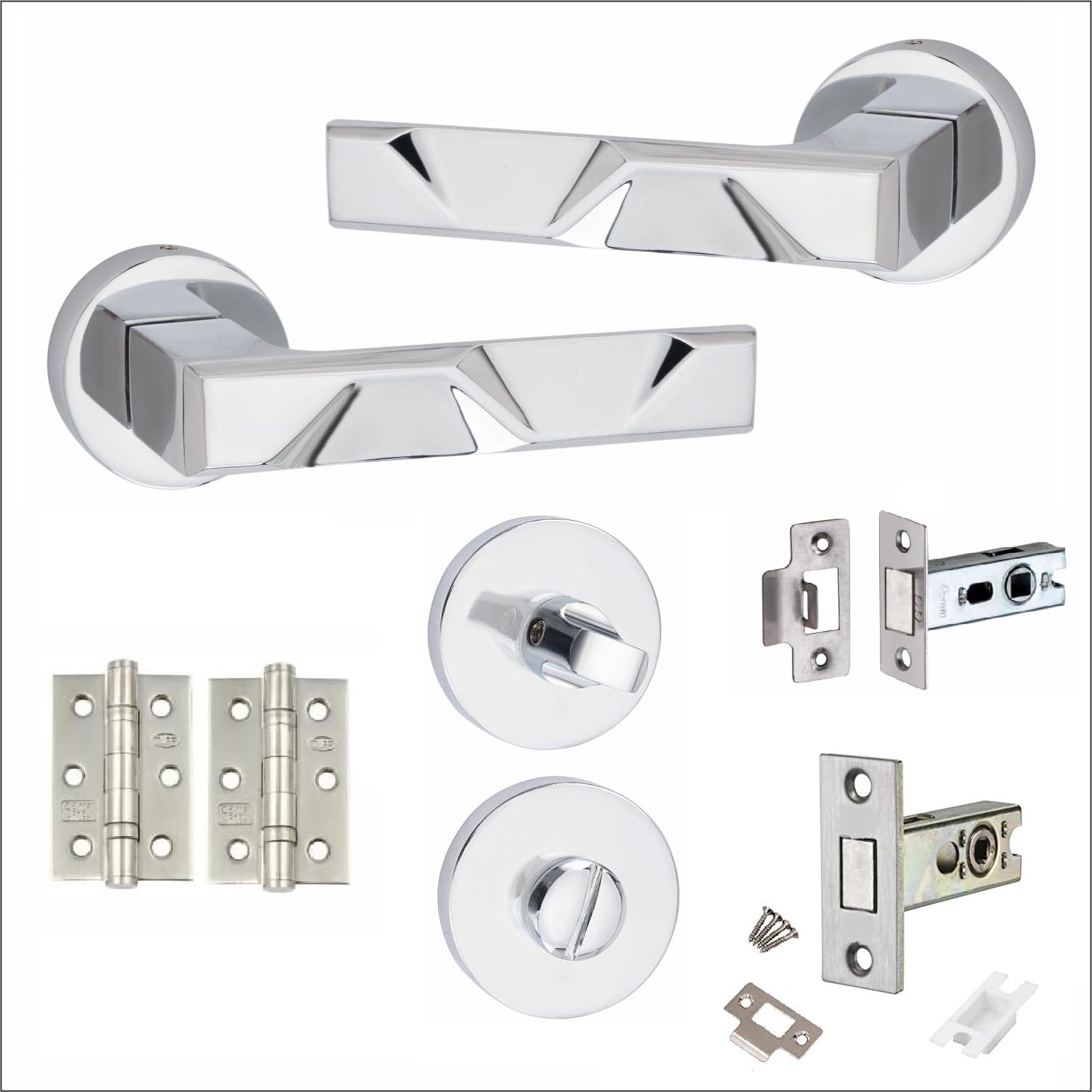 Golden Grace Modern Nova Design Premium Bathroom Door Handles Set in Polished Chrome Finish with Latch, Dead Bolt & Ball Bearing Hinges