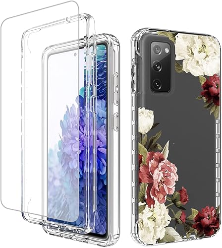 Funda para Samsung Galaxy S20 FE 5G con protector de pantalla de vidrio templado, funda protectora de cuerpo completo con patrón floral transparente