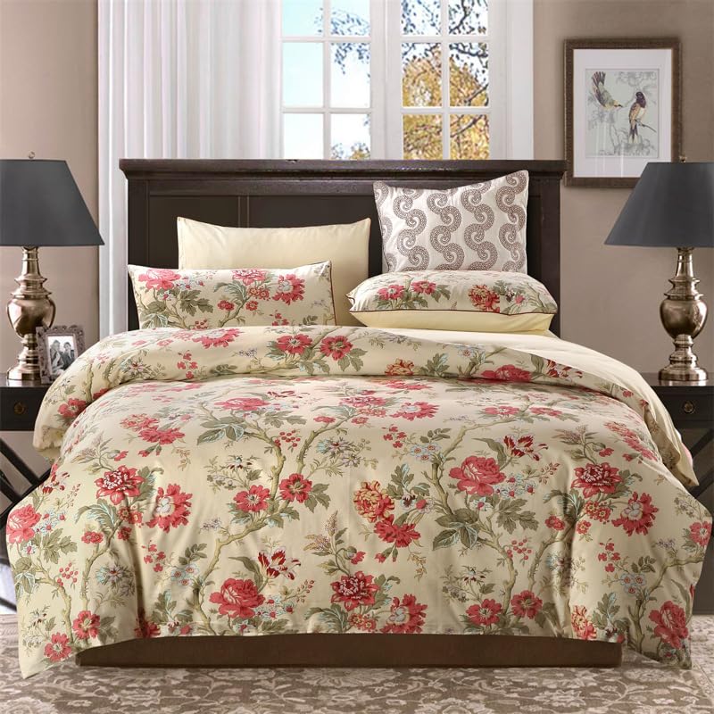 mixinni Juego de funda de edredón con diseño floral rojo y hojas verdes, tamaño Queen