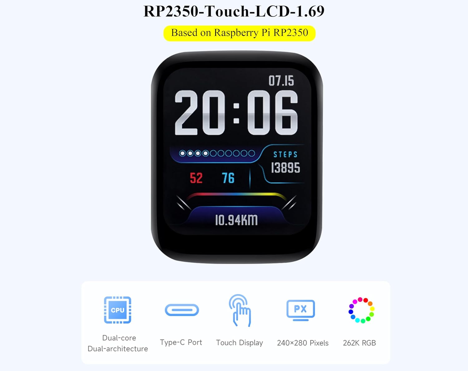 RP2350 1.69inch Touch LCD Development Board, RP2350 Microcontroller with 1.69inch Touch Screen 240x280 Resolution, Rounded Corners, Dual-Core & Dual-Architecture Design, 16MB Flash USB Type-C Port